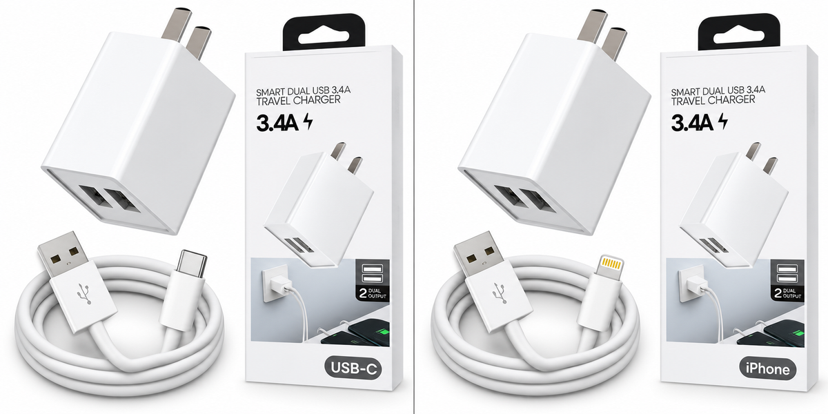 3.4A Dual USB Wall Charger with Charging Cable
